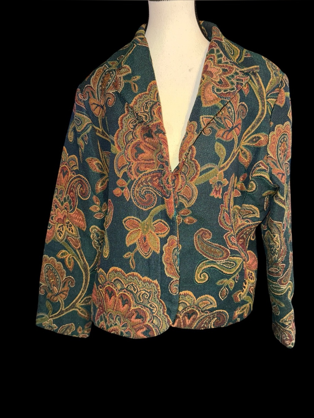 Ellen Figg Tapestry Blazer L Green Floral Paisley Jacquard Cottagecore Boho